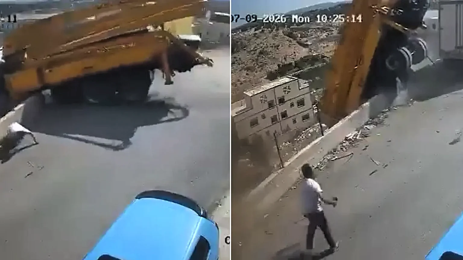 Dramatic CCTV shows a driver flinging himself from a runaway concrete pump truck moments before it smashed through a barrier and plunged into a ravine.