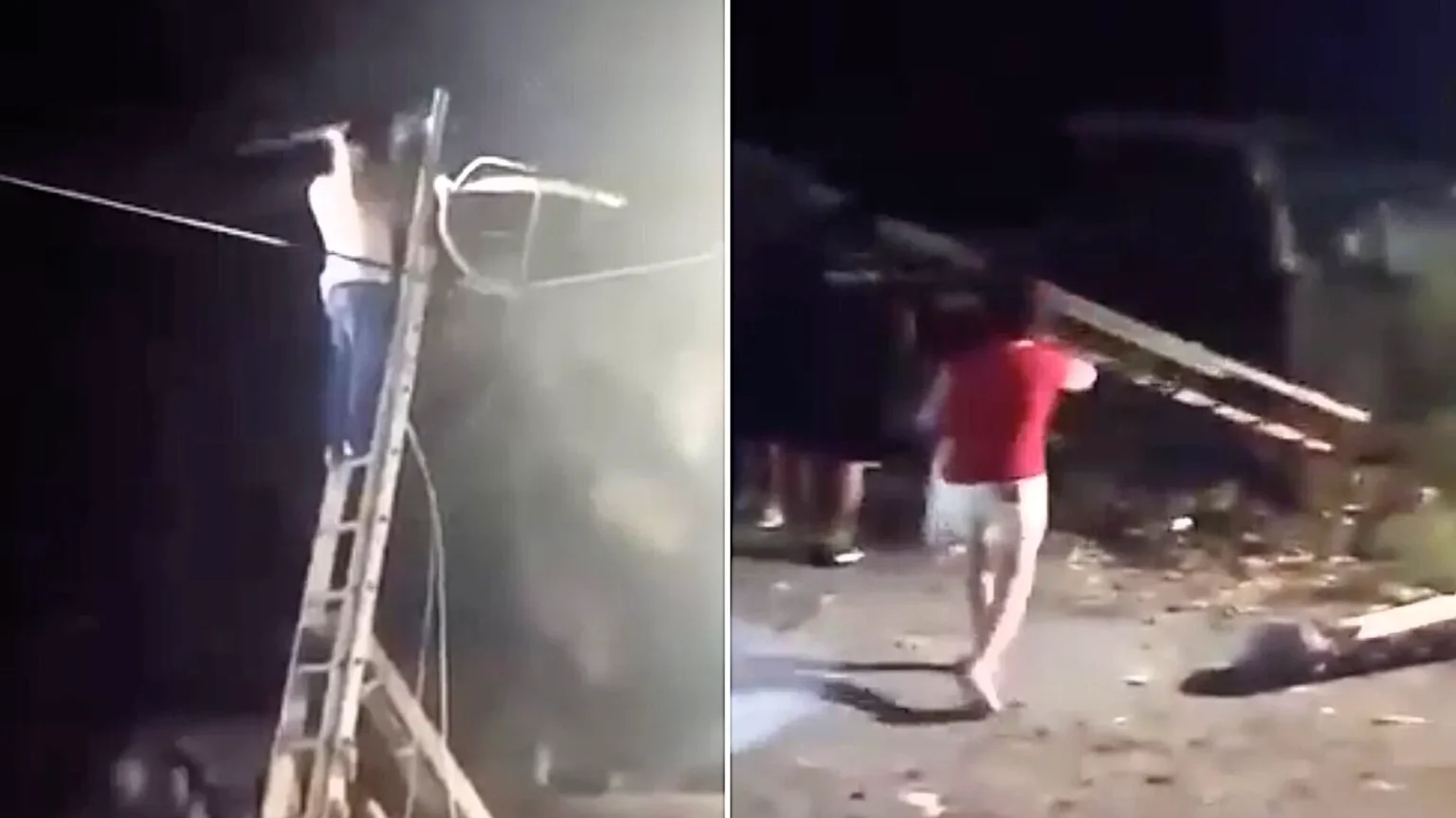 Terrifying footage shows a man plunging to the ground after his ladder slips while he saws a tree branch near overhead power lines in the dark.