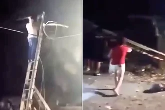 Terrifying footage shows a man plunging to the ground after his ladder slips while he saws a tree branch near overhead power lines in the dark.