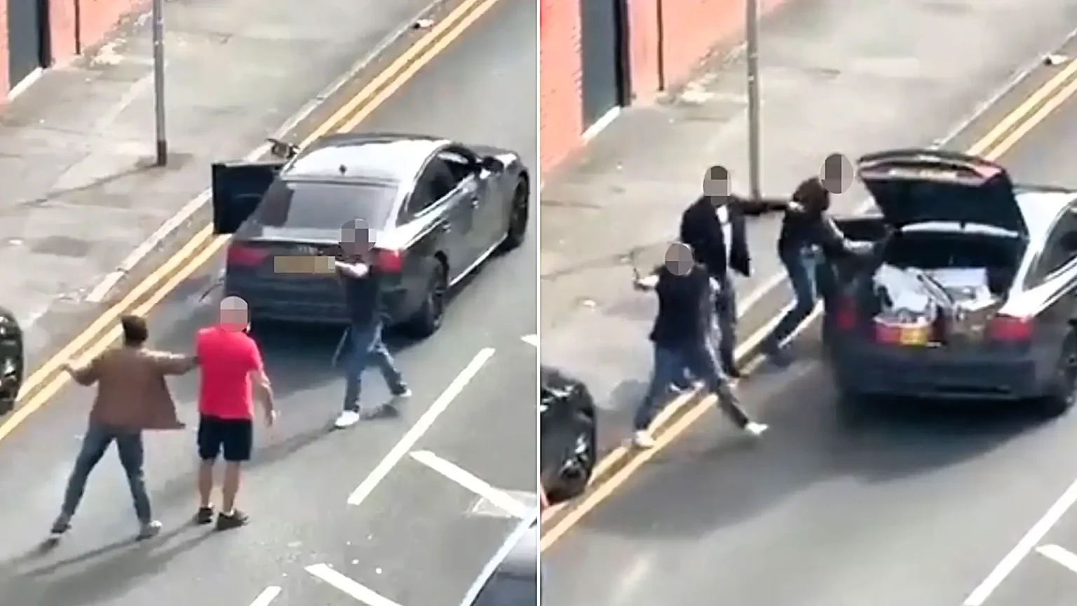 Shocking moment man swings a metal pole at a taxi during broad daylight street brawl in Stoke-on-Trent - as passenger inside is assaulted and police launch probe.
