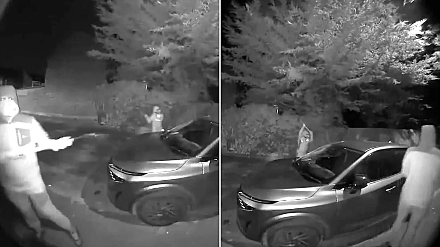 A couple were left stunned after their car was written off in a mystery attack - with doorbell footage capturing masked vandals wrecking it with shovels.