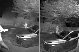 A couple were left stunned after their car was written off in a mystery attack - with doorbell footage capturing masked vandals wrecking it with shovels.