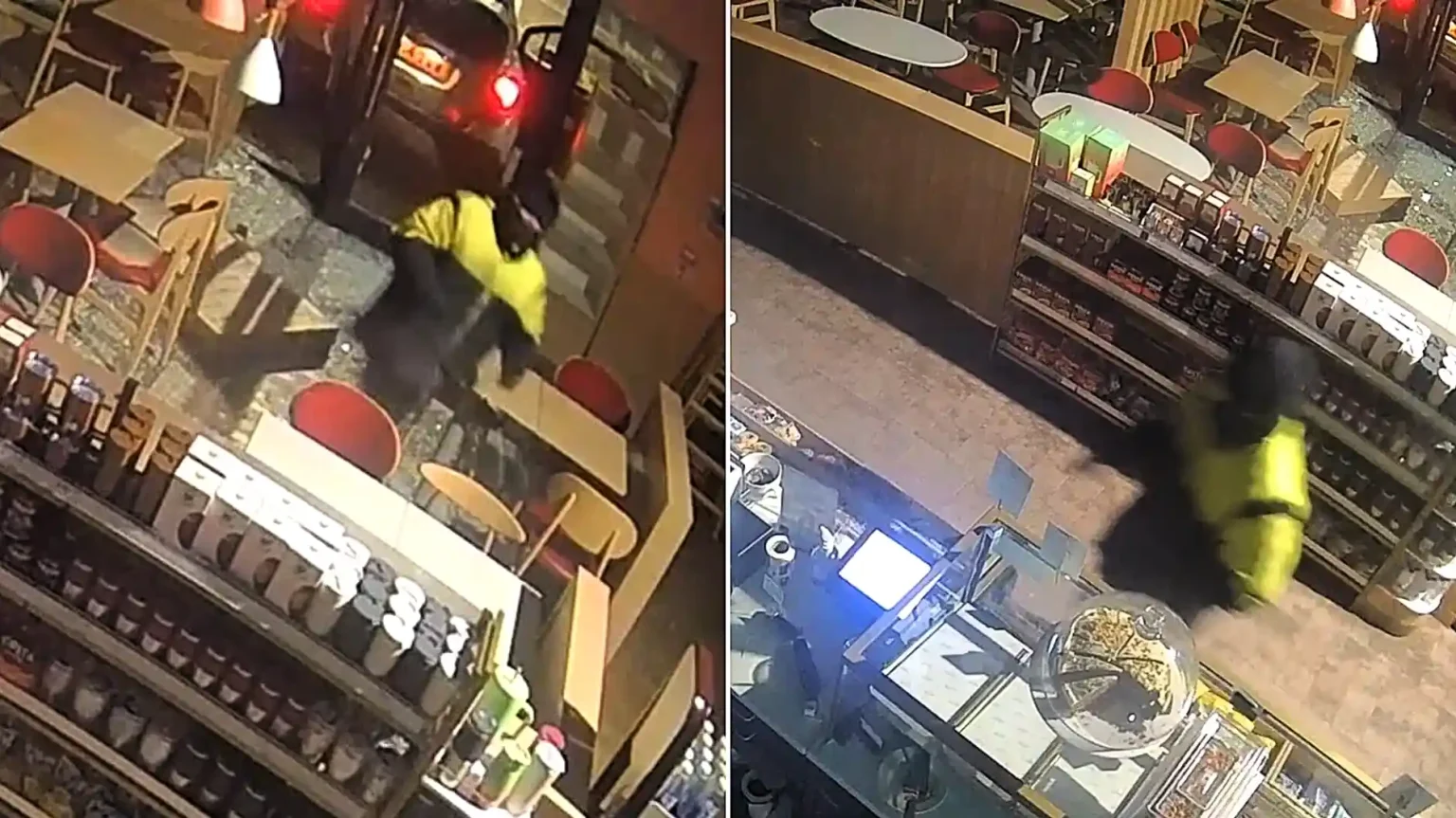 A masked raider smashed a stolen Vauxhall Mokka through the front of a Costa Coffee in King's Lynn, Norfolk, before climbing inside and stealing cash.