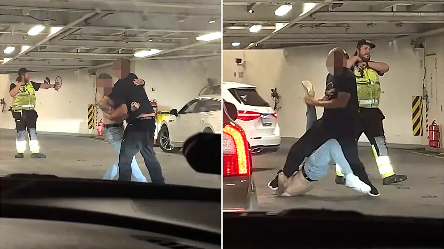 Two men were filmed brawling like MMA fighters on a passenger ferry after one allegedly rear-ended the other's car while drunk - with crew failing to step in.