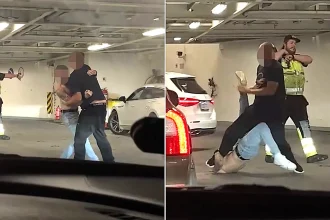 Two men were filmed brawling like MMA fighters on a passenger ferry after one allegedly rear-ended the other's car while drunk - with crew failing to step in.