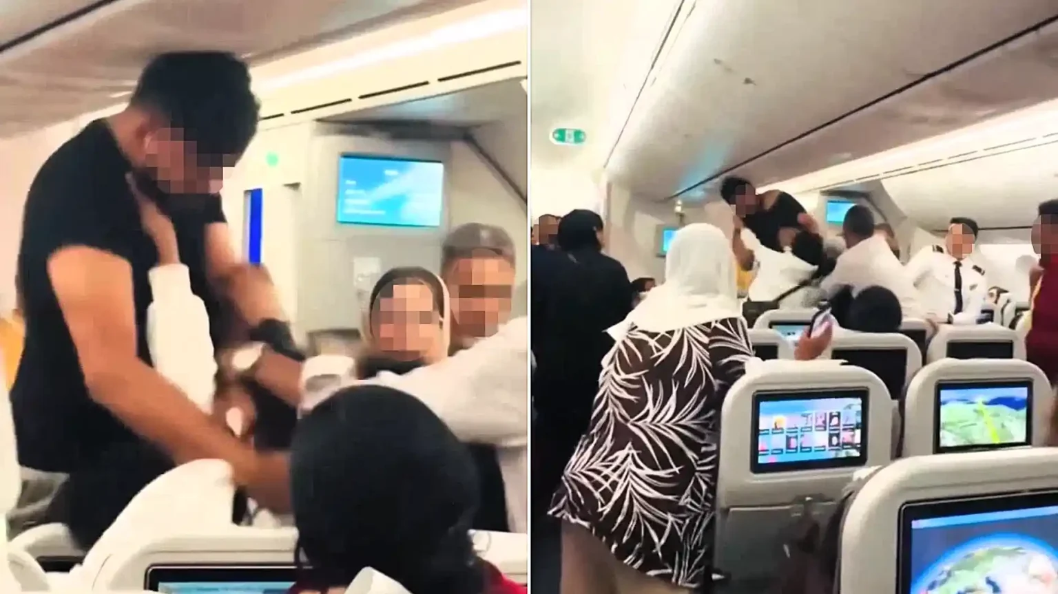 Shocking footage shows two passengers trading punches on a Biman Bangladesh Airlines flight to London - with one man's T-shirt ripped open in front of horrified families.