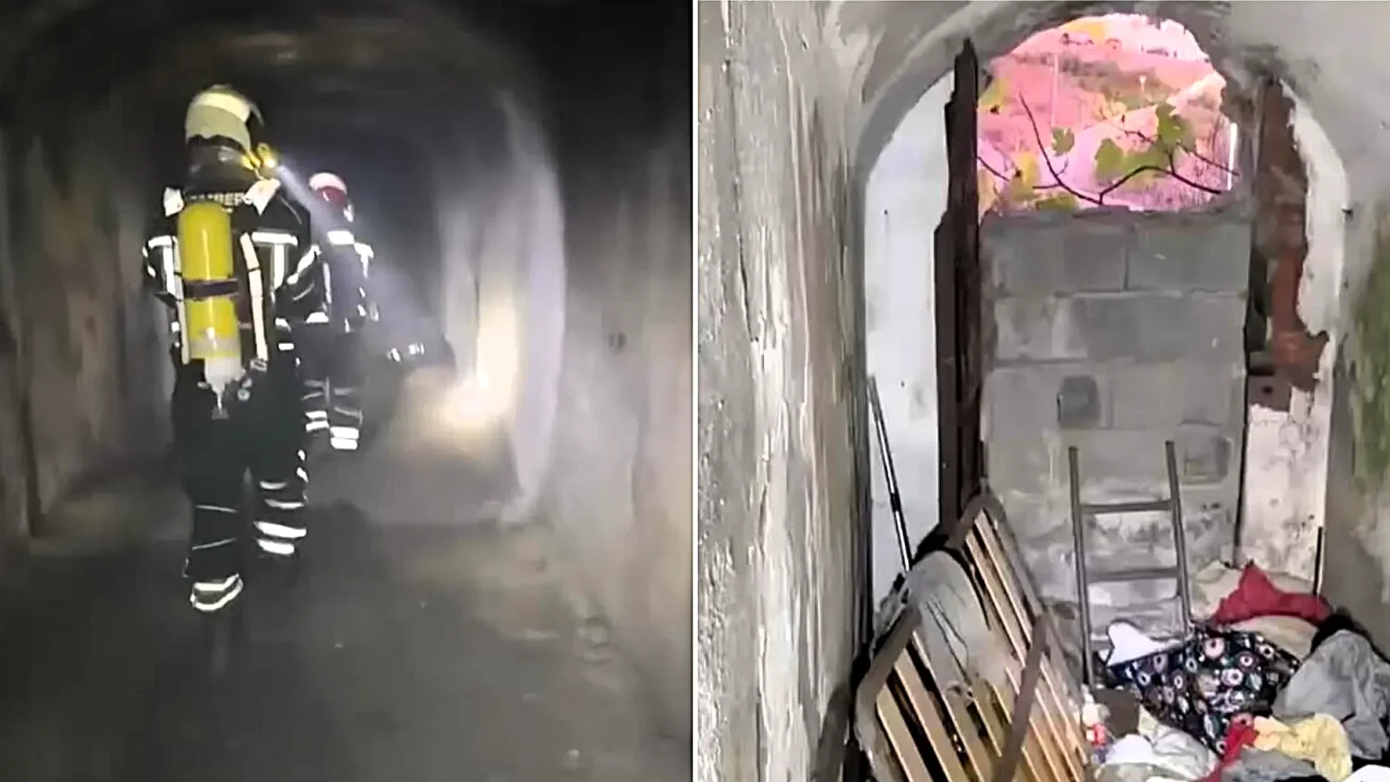 A migrant hideout has been discovered inside a network of abandoned underground military tunnels - after firefighters were alerted to smoke coming from the site.