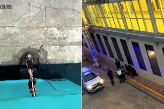 Three migrants were caught trying to sneak onto a ferry to mainland Spain - with two filmed hauling themselves up a mooring rope before crew raised the alarm.