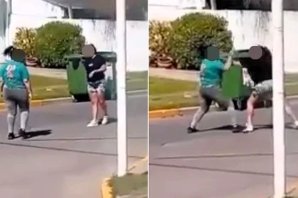 Two women traded punches in the road outside a nursery as horrified parents and children watched - with witnesses claiming sharp objects were pulled during the brawl.
