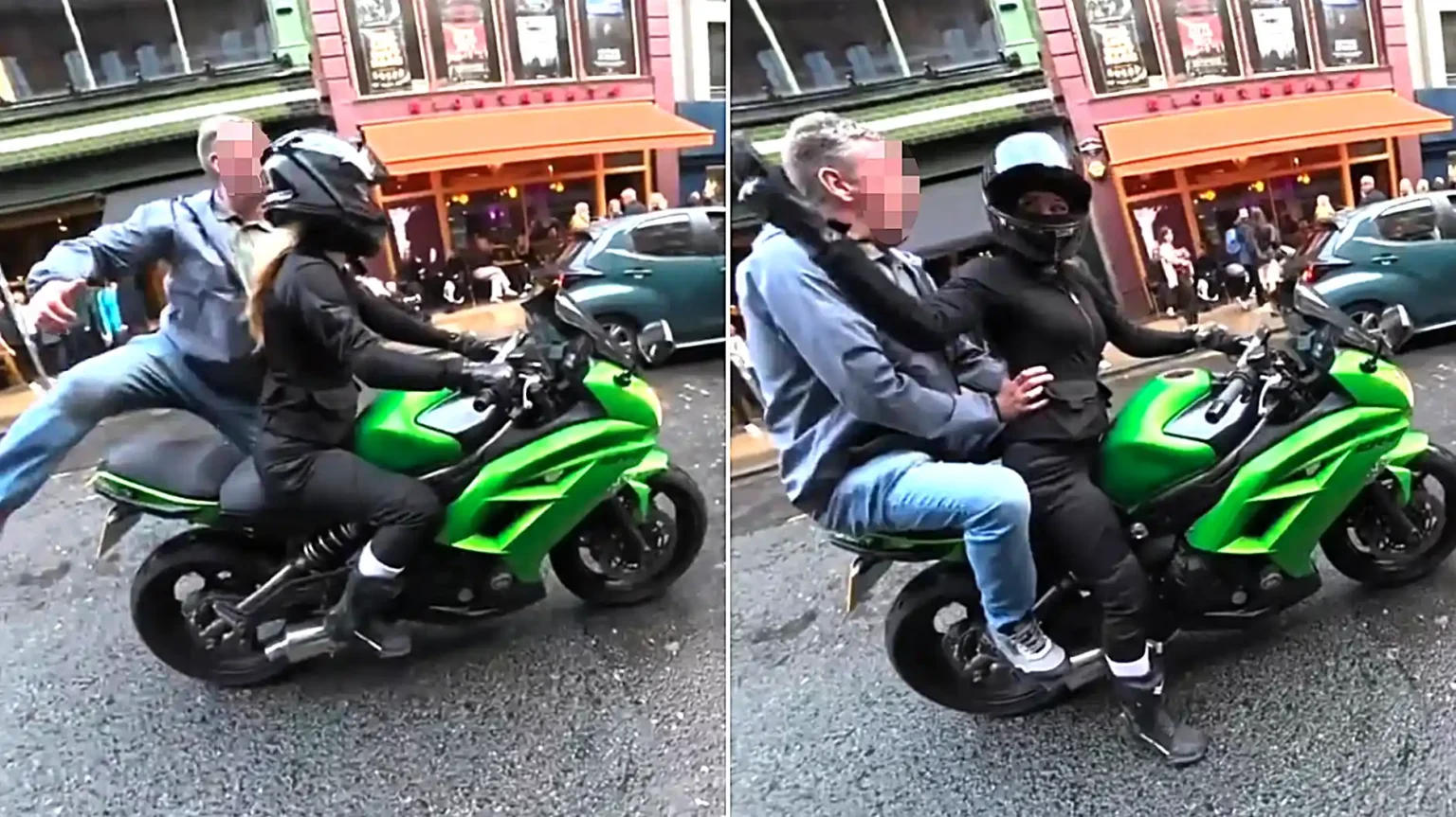 A biker whacked an "inappropriate" old man after he jumped onto her motorcycle and grabbed her hips while she sat in traffic - as his mates laughed.