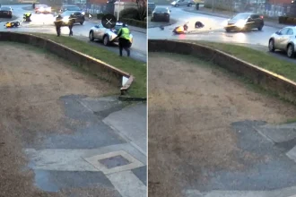 Shocking CCTV shows a stoned driver ploughing into a moped rider in Thetford, flinging him from his bike - Lee Nicholl was over the cannabis limit and has been banned.