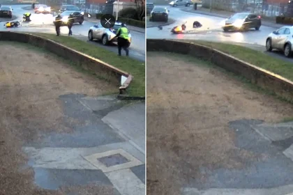 Shocking CCTV shows a stoned driver ploughing into a moped rider in Thetford, flinging him from his bike - Lee Nicholl was over the cannabis limit and has been banned.
