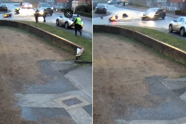 Shocking CCTV shows a stoned driver ploughing into a moped rider in Thetford, flinging him from his bike - Lee Nicholl was over the cannabis limit and has been banned.