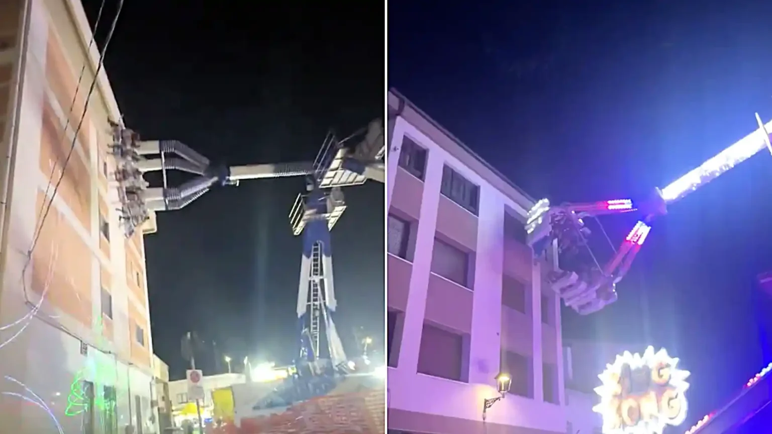 A packed fairground ride has been filmed swinging so close to an apartment block that riders could almost tap the windows - with startled locals stunned.