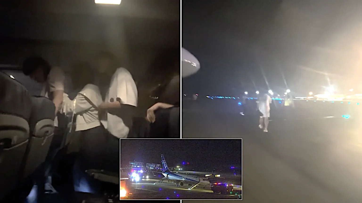 Passengers leapt down emergency slides after an ANA jet turned back to Okinawa with its right engine shut down following a loud boom mid-air - three suffered scrapes.