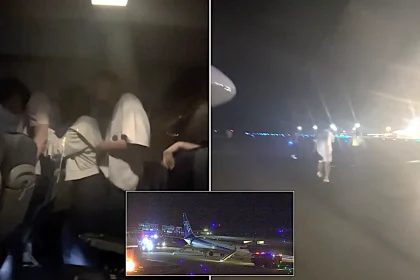 Passengers leapt down emergency slides after an ANA jet turned back to Okinawa with its right engine shut down following a loud boom mid-air - three suffered scrapes.