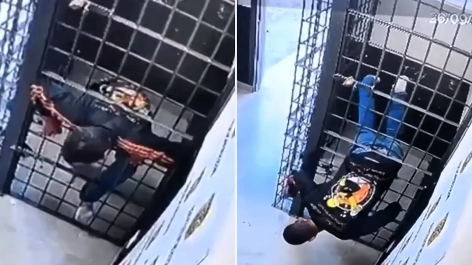 Bizarre CCTV shows a prisoner squeezing through the bars of his cell and strolling out of a police station in Brazil - reportedly returning to grab his shoes before fleeing.