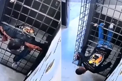 Bizarre CCTV shows a prisoner squeezing through the bars of his cell and strolling out of a police station in Brazil - reportedly returning to grab his shoes before fleeing.