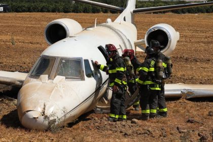 Dramatic pictures show a private jet wrecked in a field after it overshot a runway with four doctors and two pilots on board - all six escaped alive.