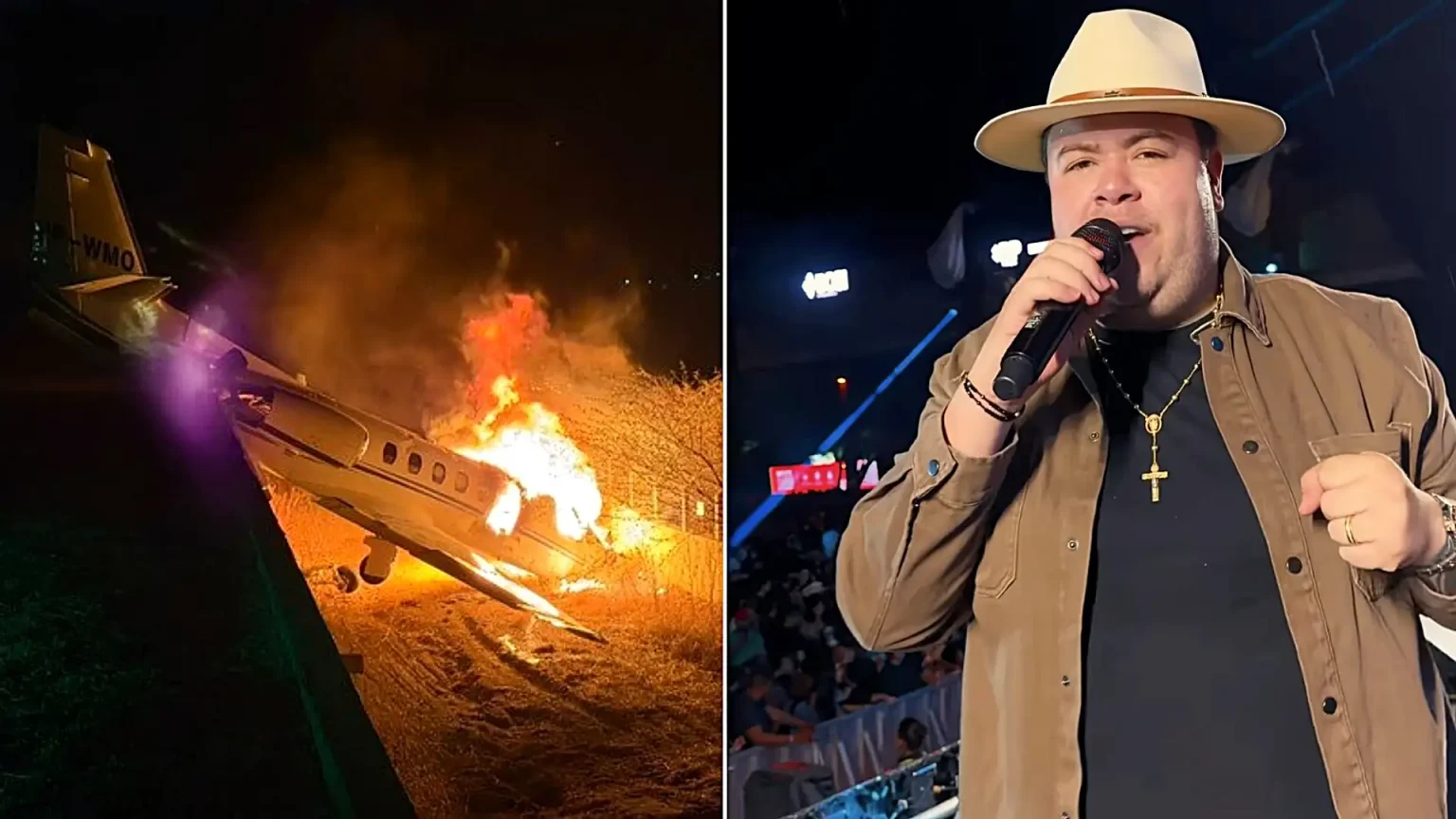A private jet carrying a singer and seven others burst into flames after running off the runway - with all on board escaping before the aircraft was destroyed.