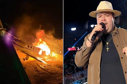 A private jet carrying a singer and seven others burst into flames after running off the runway - with all on board escaping before the aircraft was destroyed.