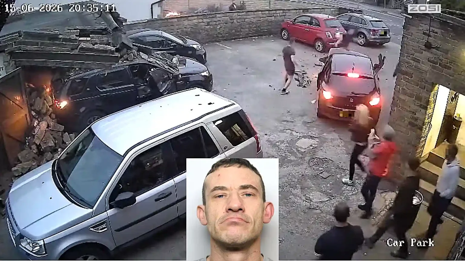 A Range Rover driver has been jailed after dramatic CCTV caught him ramming a car full of people in a pub car park before smashing into a stone building.