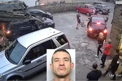 A Range Rover driver has been jailed after dramatic CCTV caught him ramming a car full of people in a pub car park before smashing into a stone building.