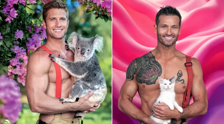 Hunky Aussie firefighters strip down to red braces for a sizzling 2027 calendar - posing with everything from rescue kittens to a crocodile for charity.