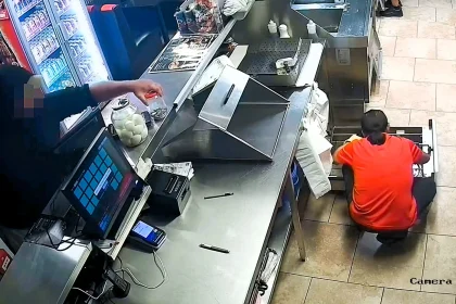 This is the brazen moment a thief swipes a fish and chip shop's tip jar while oblivious staff work just inches away - after staff had glued it to the counter.
