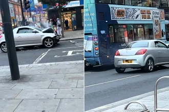 A driver allegedly smashed his car into a bus then tried to flee in the mangled wreckage - crawling away with half his engine destroyed as onlookers hurled coffee at him.