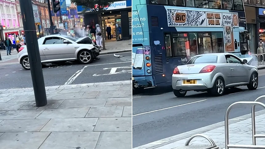 A driver allegedly smashed his car into a bus then tried to flee in the mangled wreckage - crawling away with half his engine destroyed as onlookers hurled coffee at him.