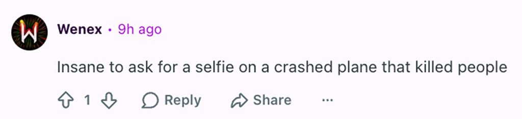 Social media comment on the post of A streamer sparked fury by posing with a peace sign in front of a deadly Amazon plane crash site - she was confronted for trespassing hours after five died.