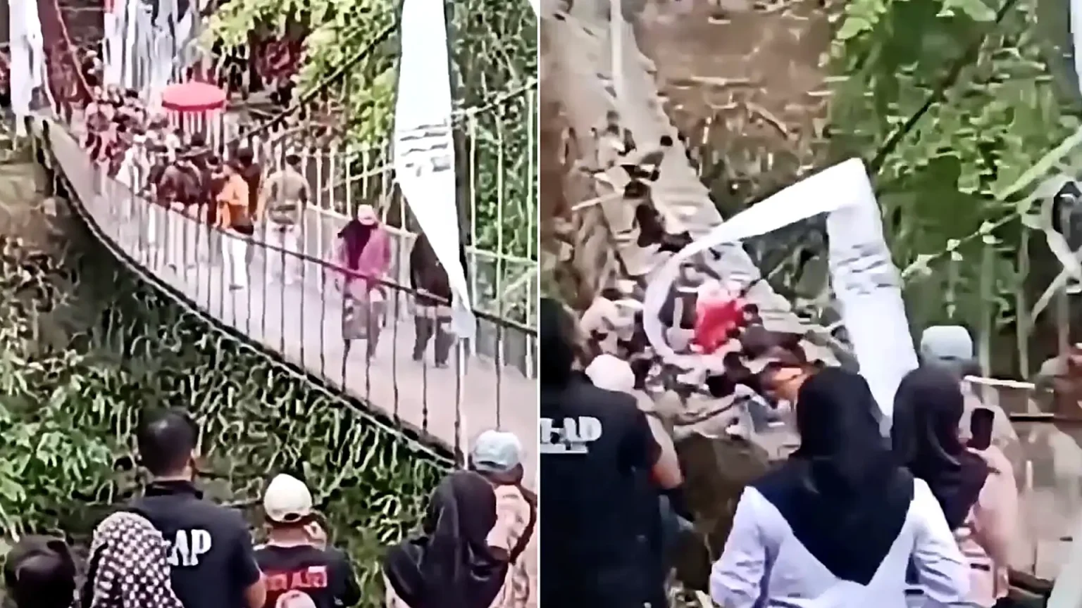 A newly inaugurated suspension bridge gave way as around 50 people crossed it during its opening ceremony - sending dignitaries falling as panic broke out.
