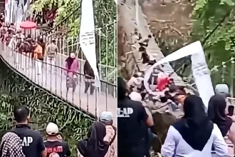 A newly inaugurated suspension bridge gave way as around 50 people crossed it during its opening ceremony - sending dignitaries falling as panic broke out.