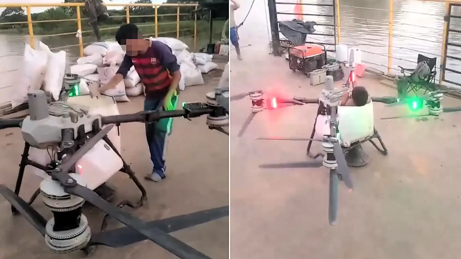 A teenager was filmed being flown metres into the air inside an agricultural spraying drone with no helmet or harness - sitting inches from the spinning propellers.