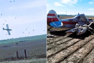 Dramatic footage shows a crop-spraying plane plunging nose-first into a field seconds after take-off - with the pilot miraculously escaping alive.
