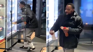 A laughing thief raided a Greggs fridge - then turned back on his way out to grab crisps, asking "where's the crisps?" before fleeing with his loot.