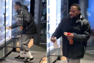 A laughing thief raided a Greggs fridge - then turned back on his way out to grab crisps, asking "where's the crisps?" before fleeing with his loot.