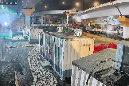 Horror CCTV shows a speeding BMW smash through a flyover wall and plunge 70ft onto a Mumbai building site, killing three students and leaving a fourth critical.