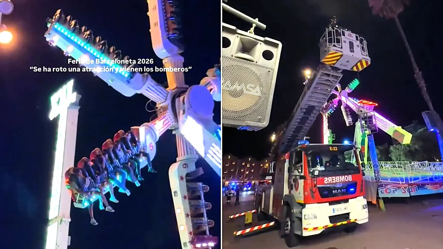 Riders were left dangling in mid-air when a fairground pendulum ride jammed in Barcelona - firefighters had to lift them down one by one as crowds cheered.
