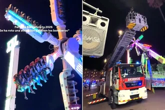 Riders were left dangling in mid-air when a fairground pendulum ride jammed in Barcelona - firefighters had to lift them down one by one as crowds cheered.