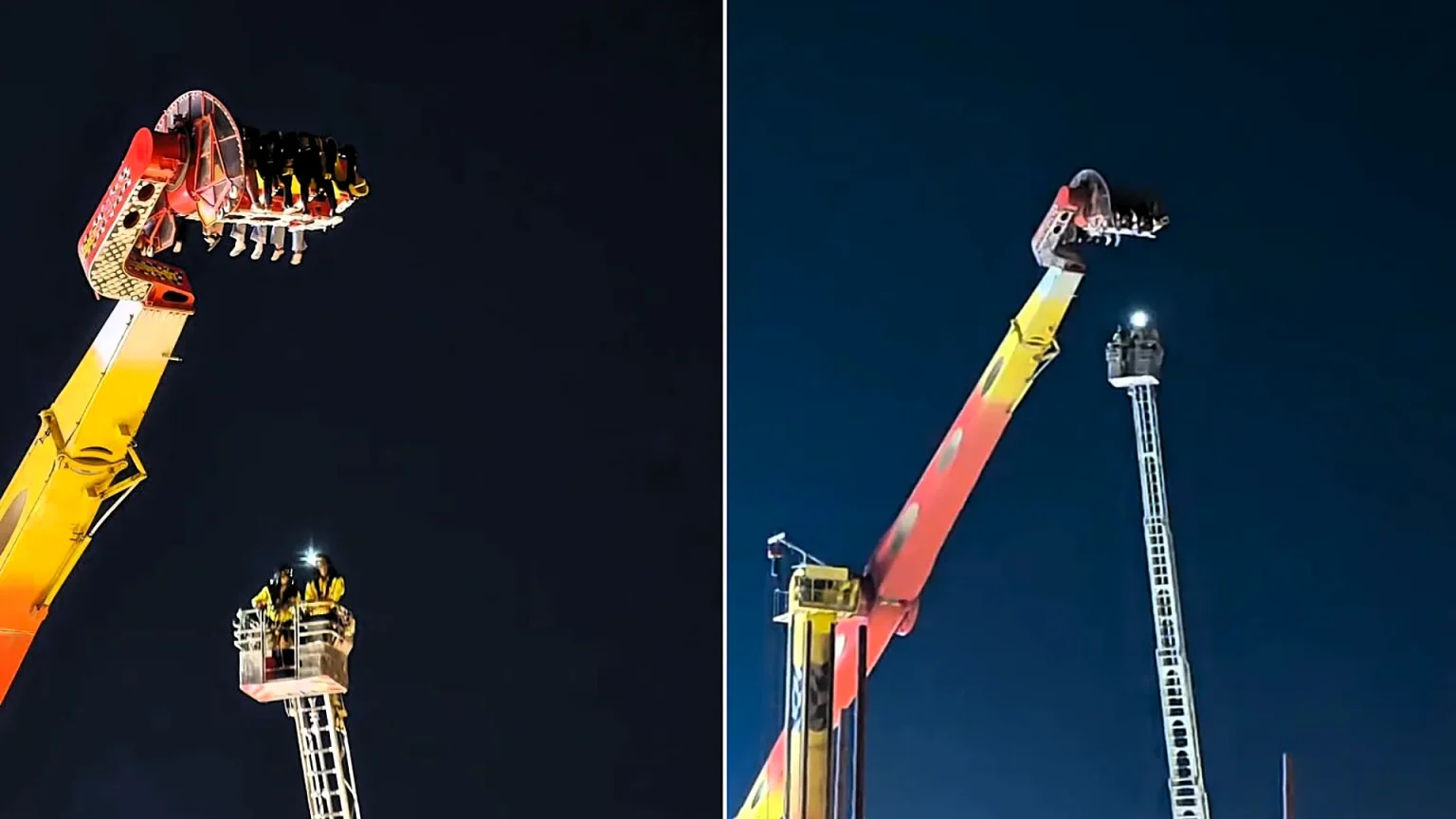 Seven thrill-seekers were left dangling almost 100ft in the air for nearly four hours after a fairground pendulum ride ground to a halt at a packed Spanish fair.