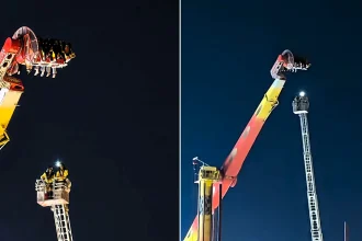 Seven thrill-seekers were left dangling almost 100ft in the air for nearly four hours after a fairground pendulum ride ground to a halt at a packed Spanish fair.