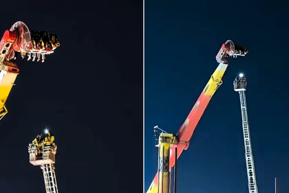 Seven thrill-seekers were left dangling almost 100ft in the air for nearly four hours after a fairground pendulum ride ground to a halt at a packed Spanish fair.