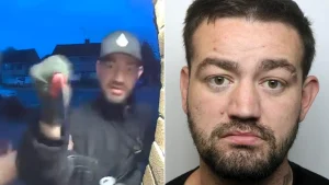 A knife-wielding thug who was caught on doorbell camera threatening to stab an elderly woman and spitting in her face has been jailed for three-and-a-half years.