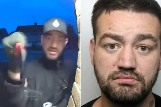 A knife-wielding thug who was caught on doorbell camera threatening to stab an elderly woman and spitting in her face has been jailed for three-and-a-half years.