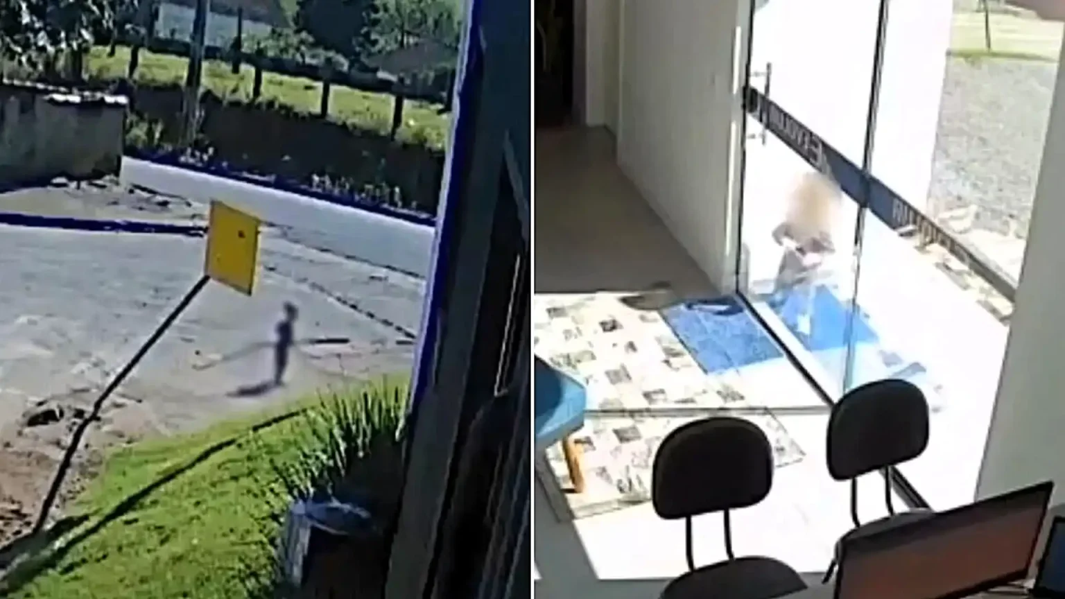 Astonishing CCTV shows the moment an 18-month-old toddler apparently escaped from nursery and walked alone to his mum's workplace - before banging on the door to be let in.