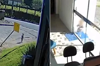Astonishing CCTV shows the moment an 18-month-old toddler apparently escaped from nursery and walked alone to his mum's workplace - before banging on the door to be let in.