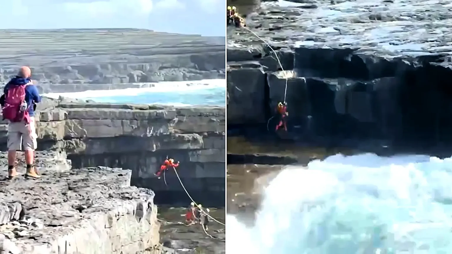 A tourist was rescued after being knocked off a cliff into Ireland's notorious Wormhole blowhole on Inis Mór, with a helicopter crew battling huge waves to reach him.
