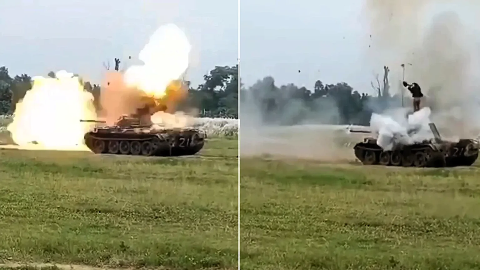 Footage appears to show the moment a shell exploded inside a tank during a live-fire drill - hurling one man into the air and killing two soldiers